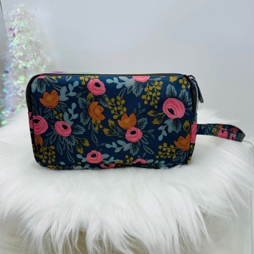 Floral Print Small Purse or Makeup Cosmetic Wristlet Blue 2